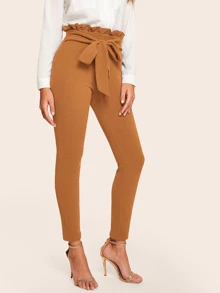 SHEIN Privé Frill Trim Bow Tie Waist Solid Pants - Camel - View 4