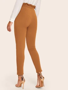 SHEIN Privé Frill Trim Bow Tie Waist Solid Pants - Camel - View 5
