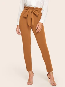 SHEIN Privé Frill Trim Bow Tie Waist Solid Pants - Camel - View 1