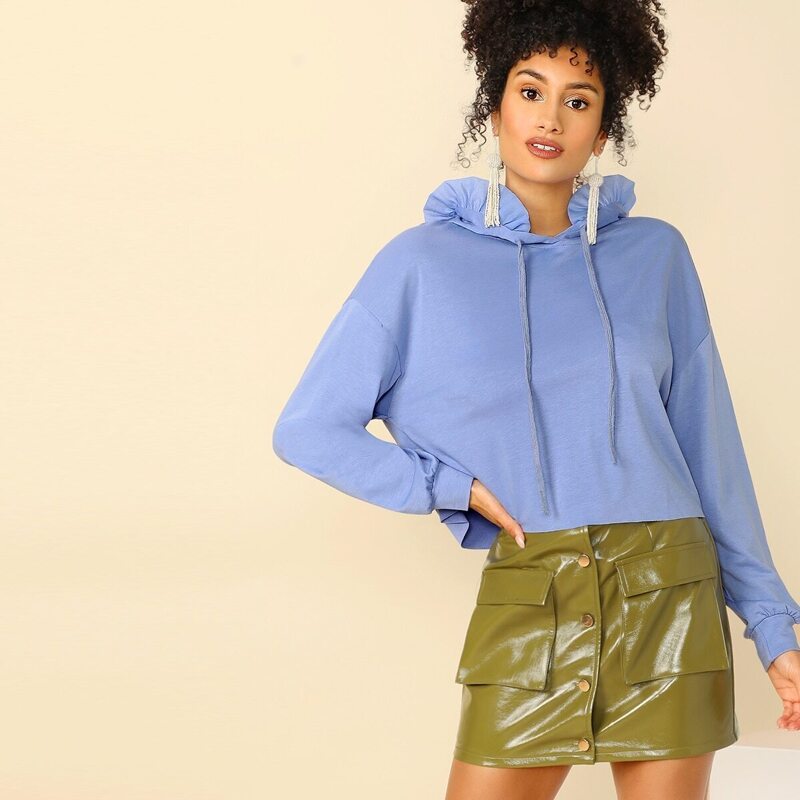 

Drop Shoulder Ruffle Trim Drawstring Hoodie, Blue pastel