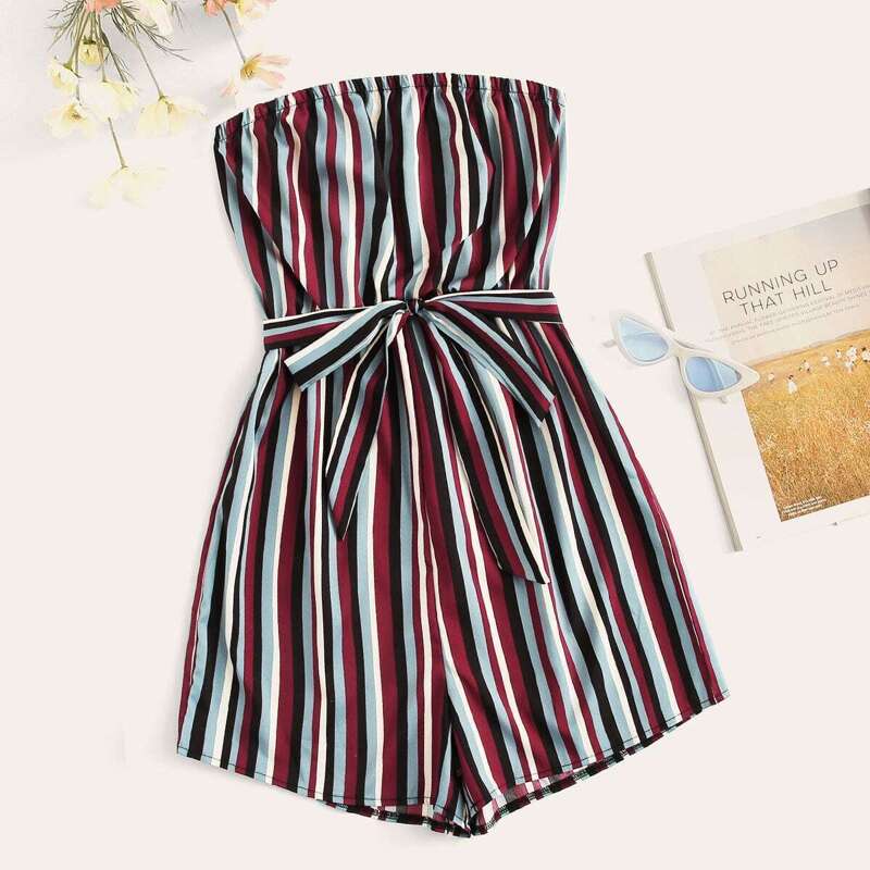 

Striped Belted Tube Playsuit, Multicolor