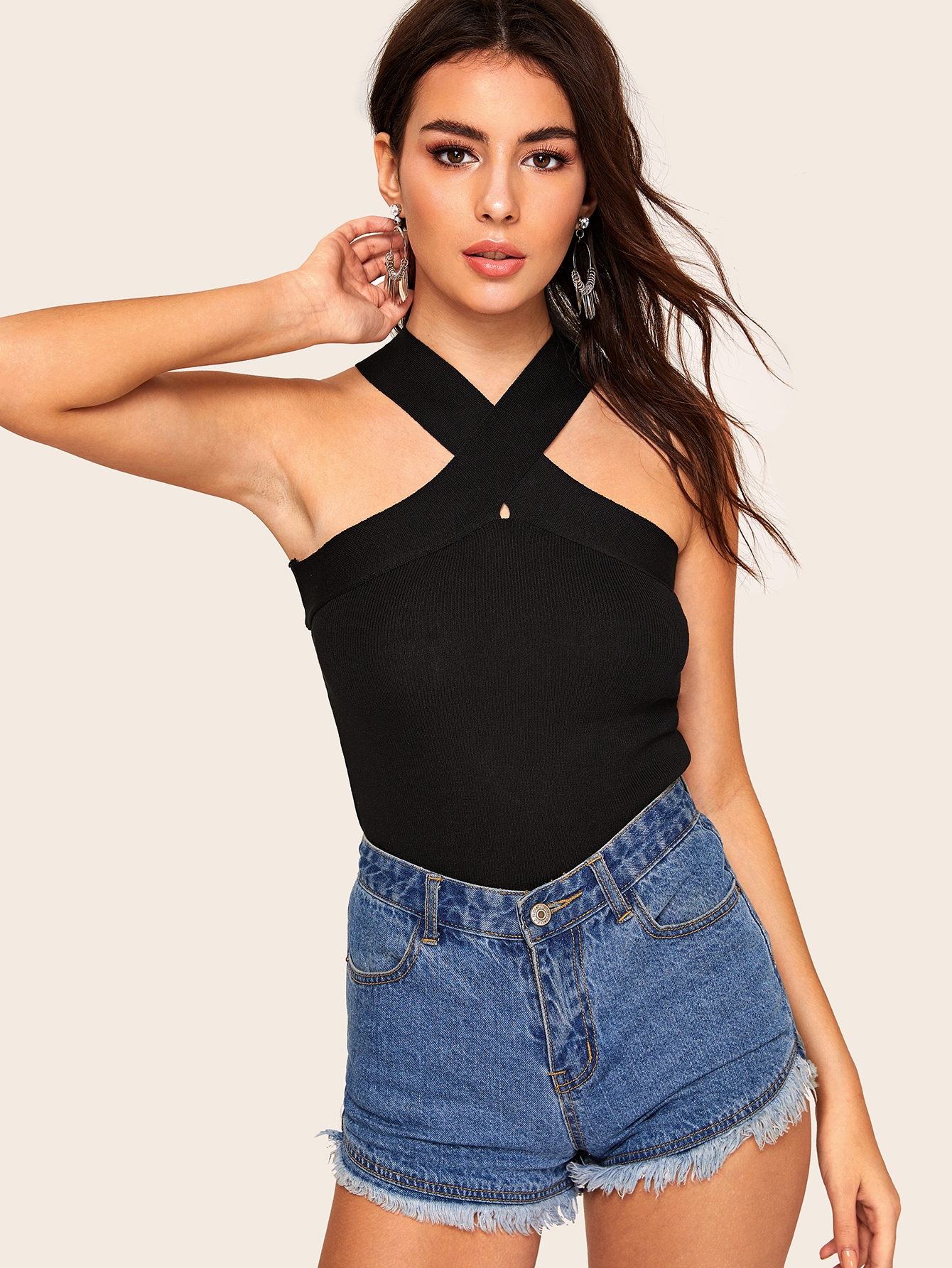 criss cross ribbed halter top | shein