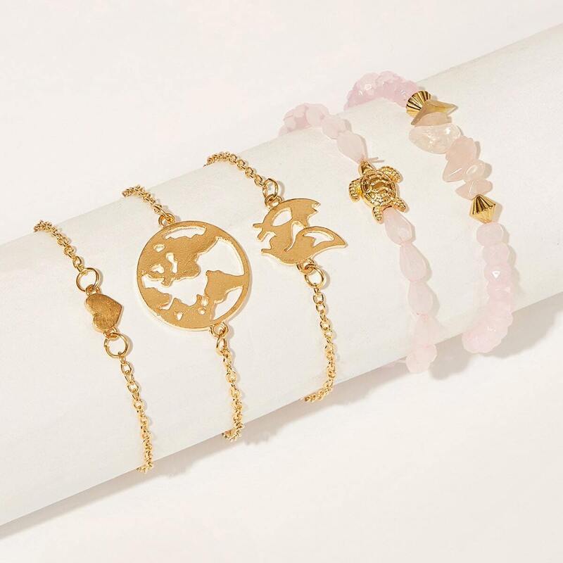 

Earth & Tortoise Detail Chain Bracelet 5pcs, Multicolor