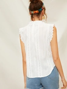 Blusa sólida bajo curvo panel con encaje - Blanco - Ver 2