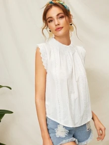 Blusa sólida bajo curvo panel con encaje - Blanco - Ver 4