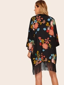 SHEIN Fringe Hem Floral Print Kimono, For Summer Beach Vacation - Multicolor - View 2