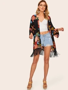 SHEIN Fringe Hem Floral Print Kimono, For Summer Beach Vacation - Multicolor - View 3