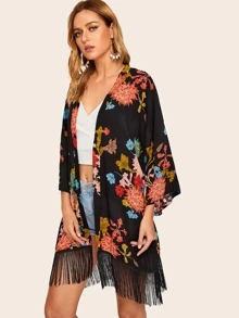 SHEIN Fringe Hem Floral Print Kimono, For Summer Beach Vacation - Multicolor - View 5