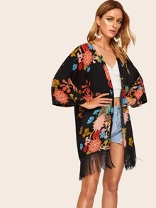 SHEIN Fringe Hem Floral Print Kimono, For Summer Beach Vacation - Multicolor - View 4