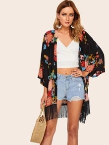 SHEIN Fringe Hem Floral Print Kimono, For Summer Beach Vacation - Multicolor - View 1