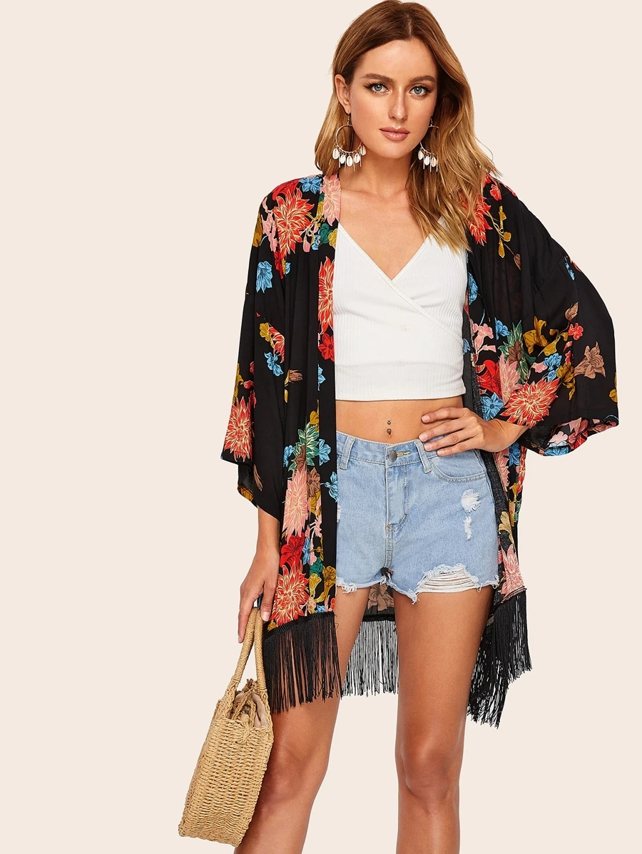 SHEIN Fringe Hem Floral Print Kimono, For Summer Beach Vacation - Multicolor - View 1