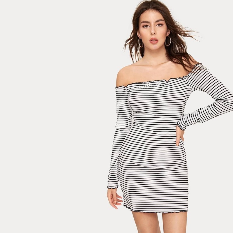

Off Shoulder Lettuce Trim Bodycon Stripe Dress, Black and white