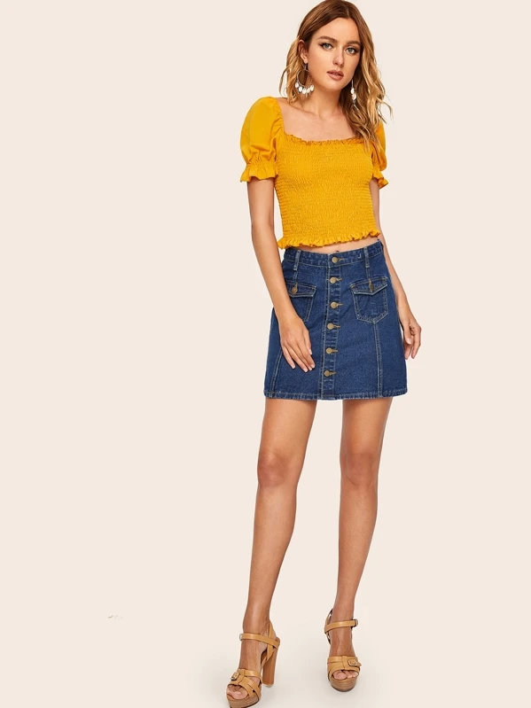 Shujin Jupe /Él/égant en Jean avec Poches Robe Demi-Longueur Bouton Taille Haute
