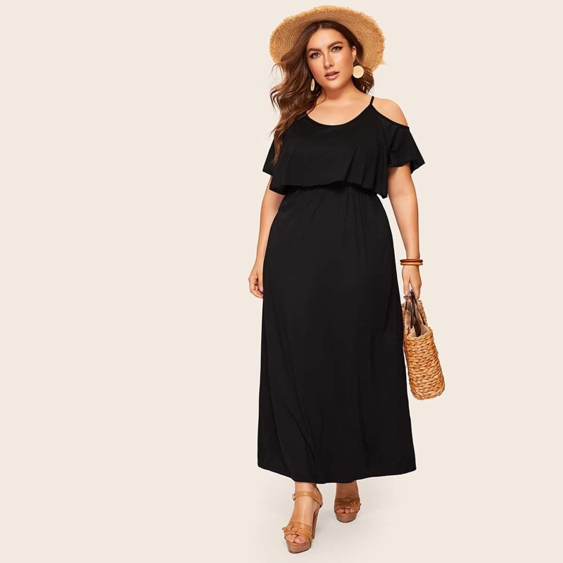 

Plus Cold Shoulder Solid Dress, Black