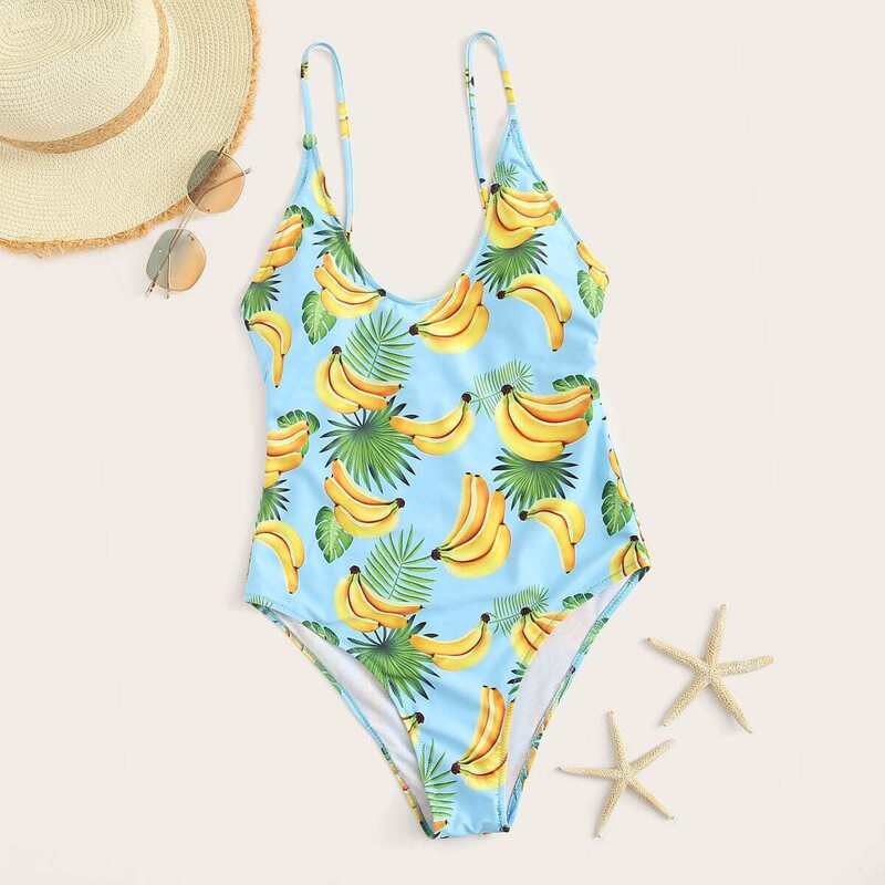 

Banana & Leaf Print One Piece Swimwear, Multicolor