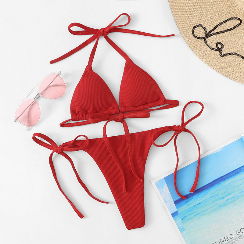 

Rib Triangle Halter Top With Tie Side Bikini, Red bright
