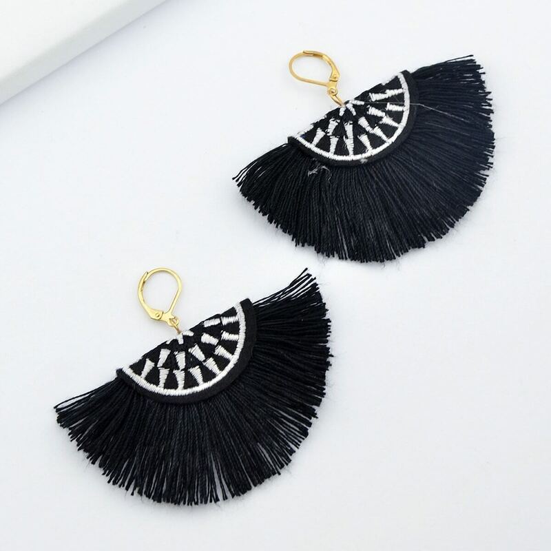 

Black Handmade Ethnic Jewelry Boho Style Fan Shaped Earrings