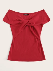 SHEIN 扭結v領羅紋針織tee - 酒紅色 - 查看 3