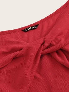 SHEIN 扭結v領羅紋針織tee - 酒紅色 - 查看 4