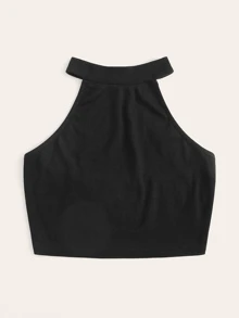 SHEIN EZwear Top halter corto sólido tejido de canalé - Negro - Ver 3