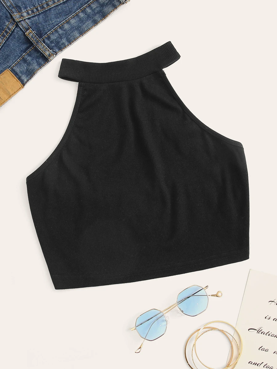 SHEIN EZwear Top halter corto sólido tejido de canalé - Negro - Ver 1