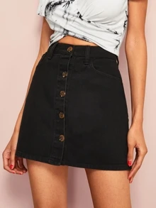 SHEIN Frenchy Single Breasted Slant Pocket Denim Skirt Black Summer