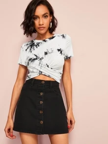 SHEIN Frenchy Single Breasted Slant Pocket Denim Skirt Black Summer