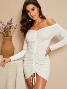 SHEIN Drawstring Front Ruched Off Shoulder Dress - White - View 1