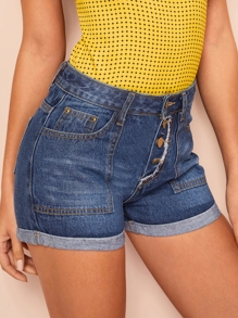 Single Breasted Rolled Hem Denim Shorts