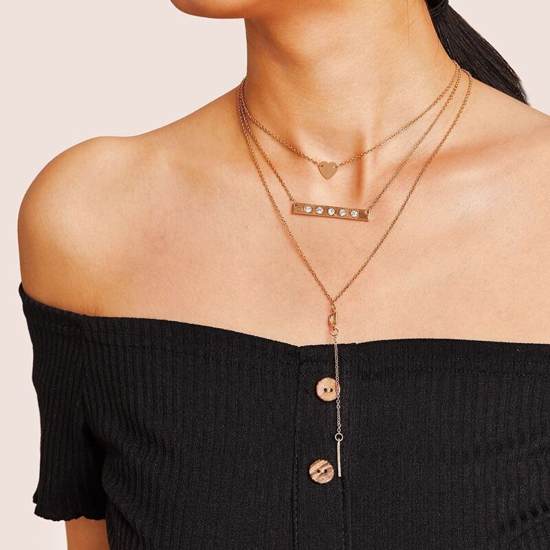 

Bar & Heart Pendant Layered Lariats Necklace 1pc, Gold