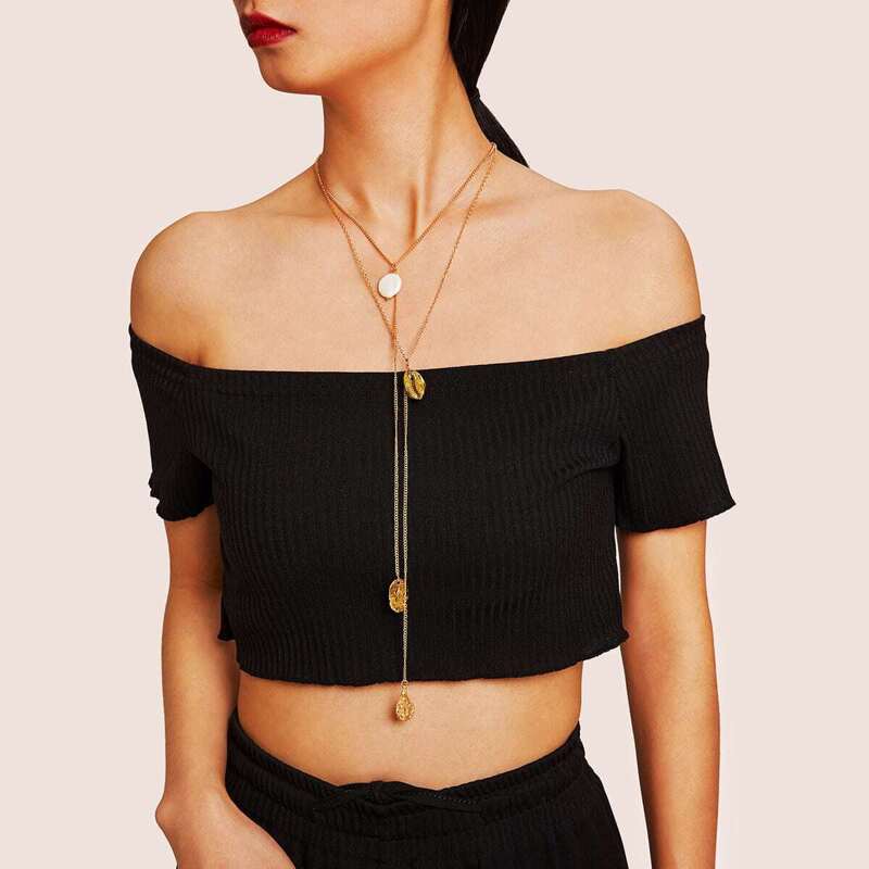 

Shell & Textured Disc Pendant Chain Lariats Necklace 1pc, Gold