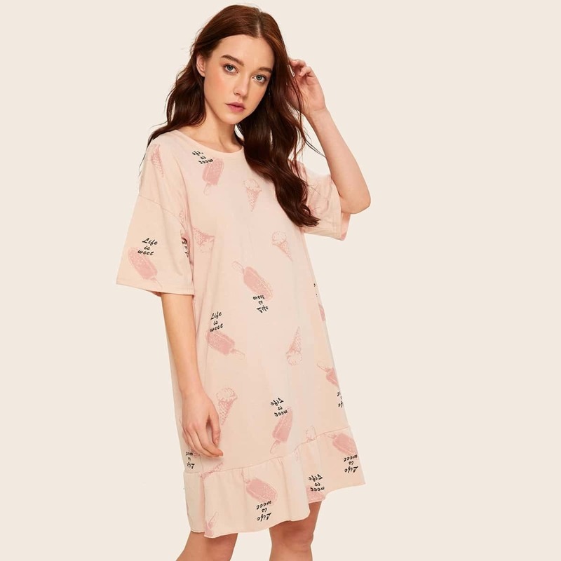 

Cartoon & Letter Print Ruffle Night Dress, Pink