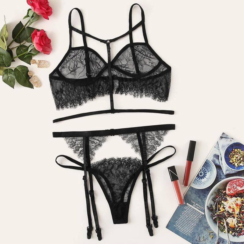 

Floral Lace Harness Garter Lingerie Set, Black