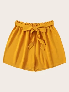 Plus Paperbag Waist Belted Shorts - Mustard Yellow - View 4