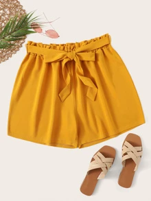 Plus Paperbag Waist Belted Shorts - Mustard Yellow - View 1