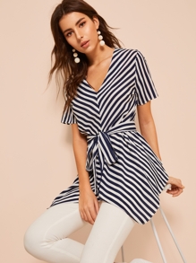 Striped Asymmetrical Hem Belted Blouse