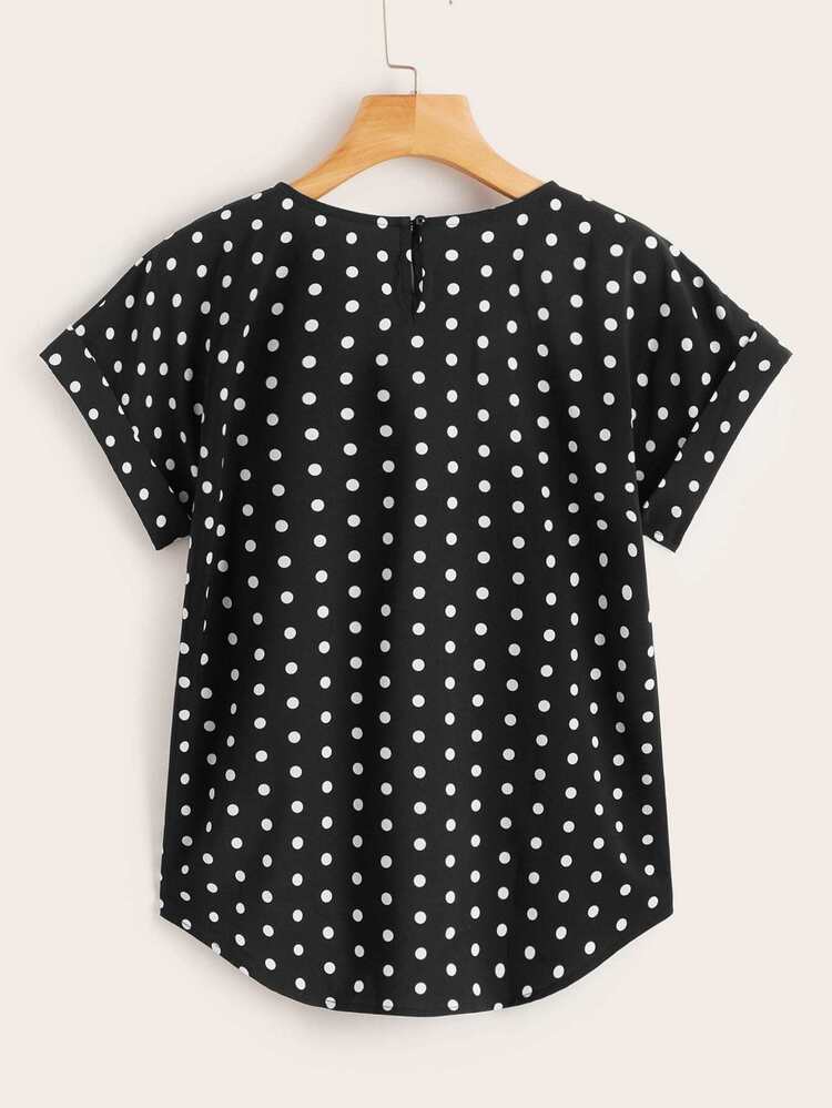 Polka Dot Dip Hem Keyhole Back Blouse - Black - View 2