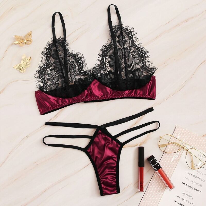 

Floral Lace Cutout Lingerie Set, Burgundy