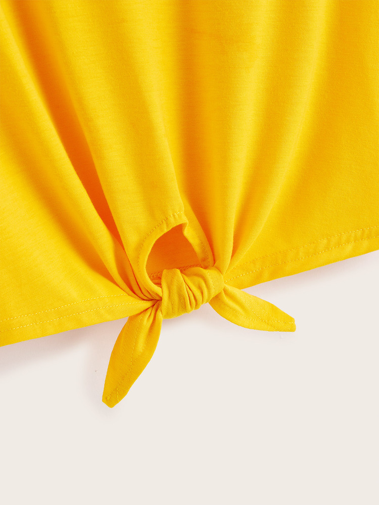 SHEIN Flower Patched Knot Tee - Mustard Yellow - View 4