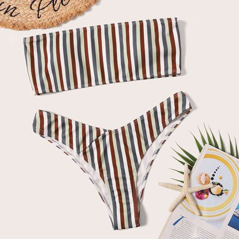 

Striped Bandeau Top With High Cut Bikini, Multicolor