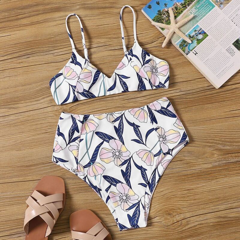 

Random Floral Spaghetti Strap Top With High Waist Bikini, Multicolor