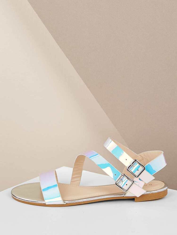 iridescent buckle sandals