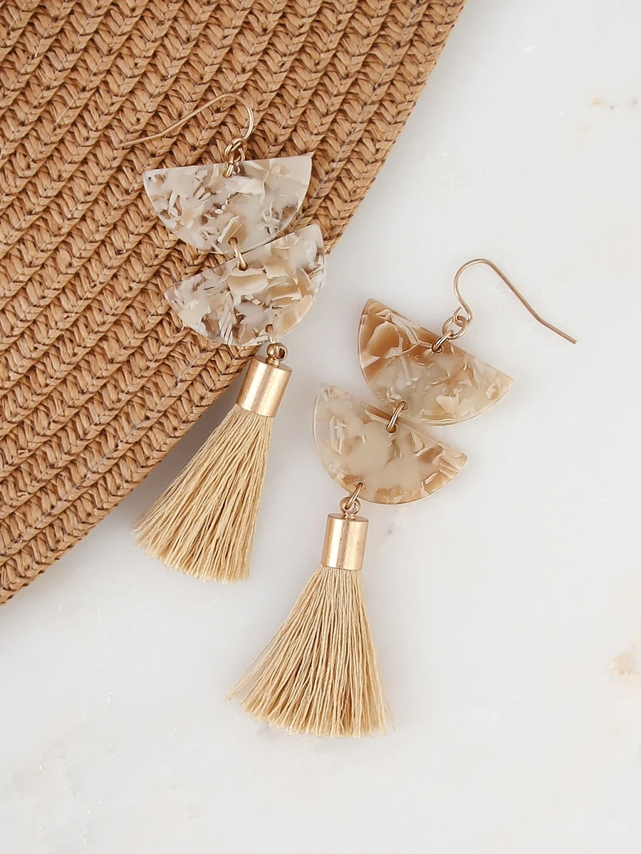NAIZHU 1pair Simple Tassel Acrylic Earrings For Women - Apricot - View 1