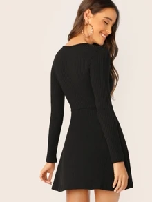 SHEIN V-Neck Rib-knit Dress - Black - View 2
