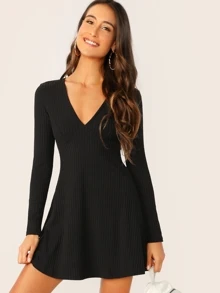 SHEIN V-Neck Rib-knit Dress - Black - View 3