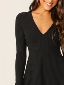 SHEIN V-Neck Rib-knit Dress - Black - View 4