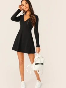 SHEIN V-Neck Rib-knit Dress - Black - View 5
