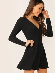 SHEIN V-Neck Rib-knit Dress - Black - View 1