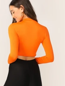 Muchica Neon Orange Mock Neck Solid Crop Tee - Orange - View 2