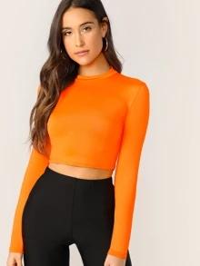 Muchica Neon Orange Mock Neck Solid Crop Tee - Orange - View 1
